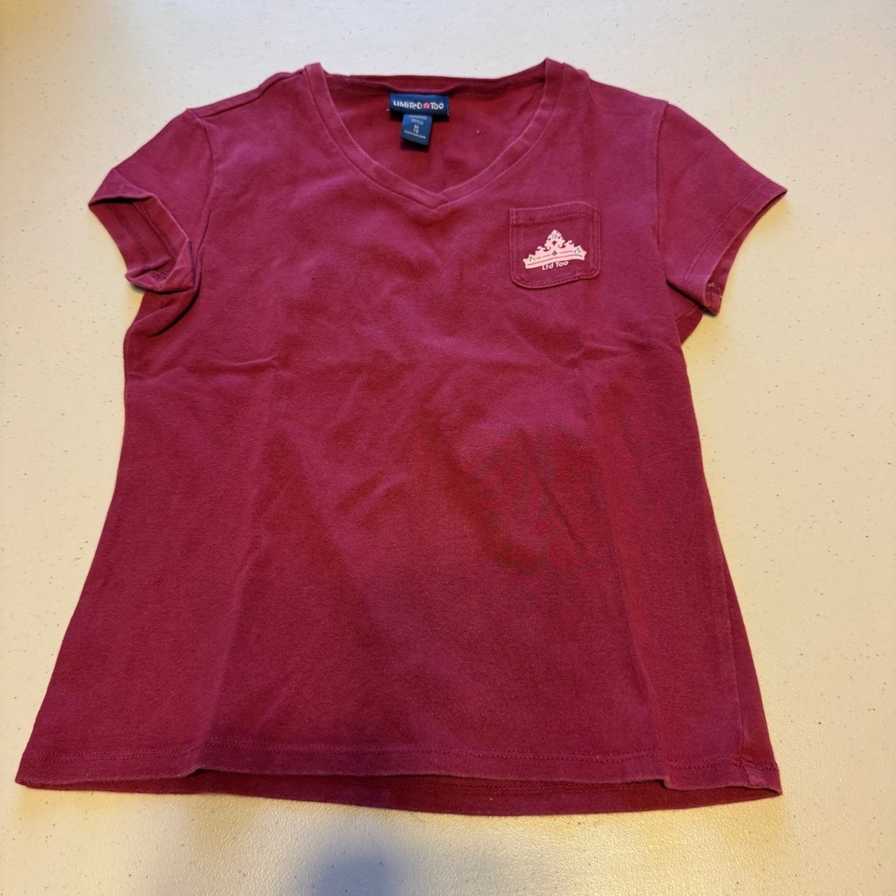 Y2K Vintage Girls Size 12 Limited Too Maroon V-Neck Pocket T-Shirt Crown Graphic